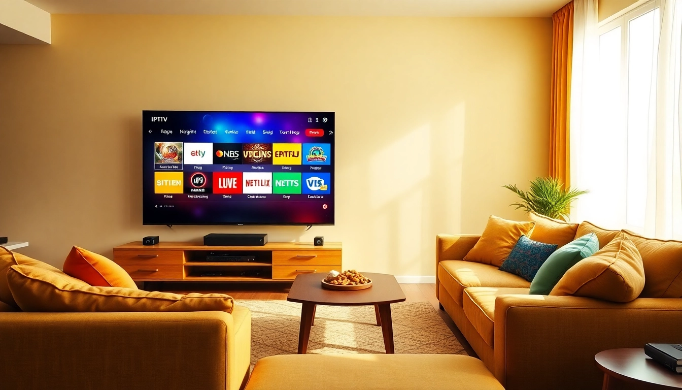 Experience a free trial IPTV subscription in a cozy living room with a large TV streaming various channels.