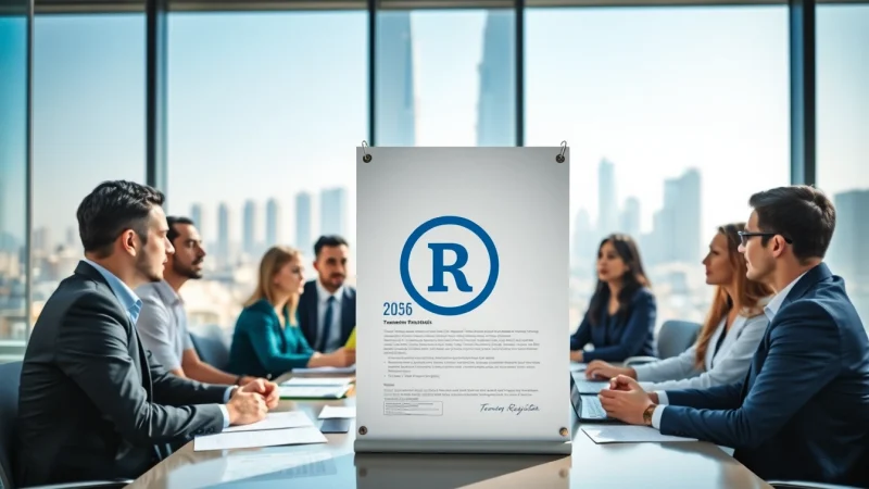 Discussing trademark registration in Dubai with a professional business team in a modern office.