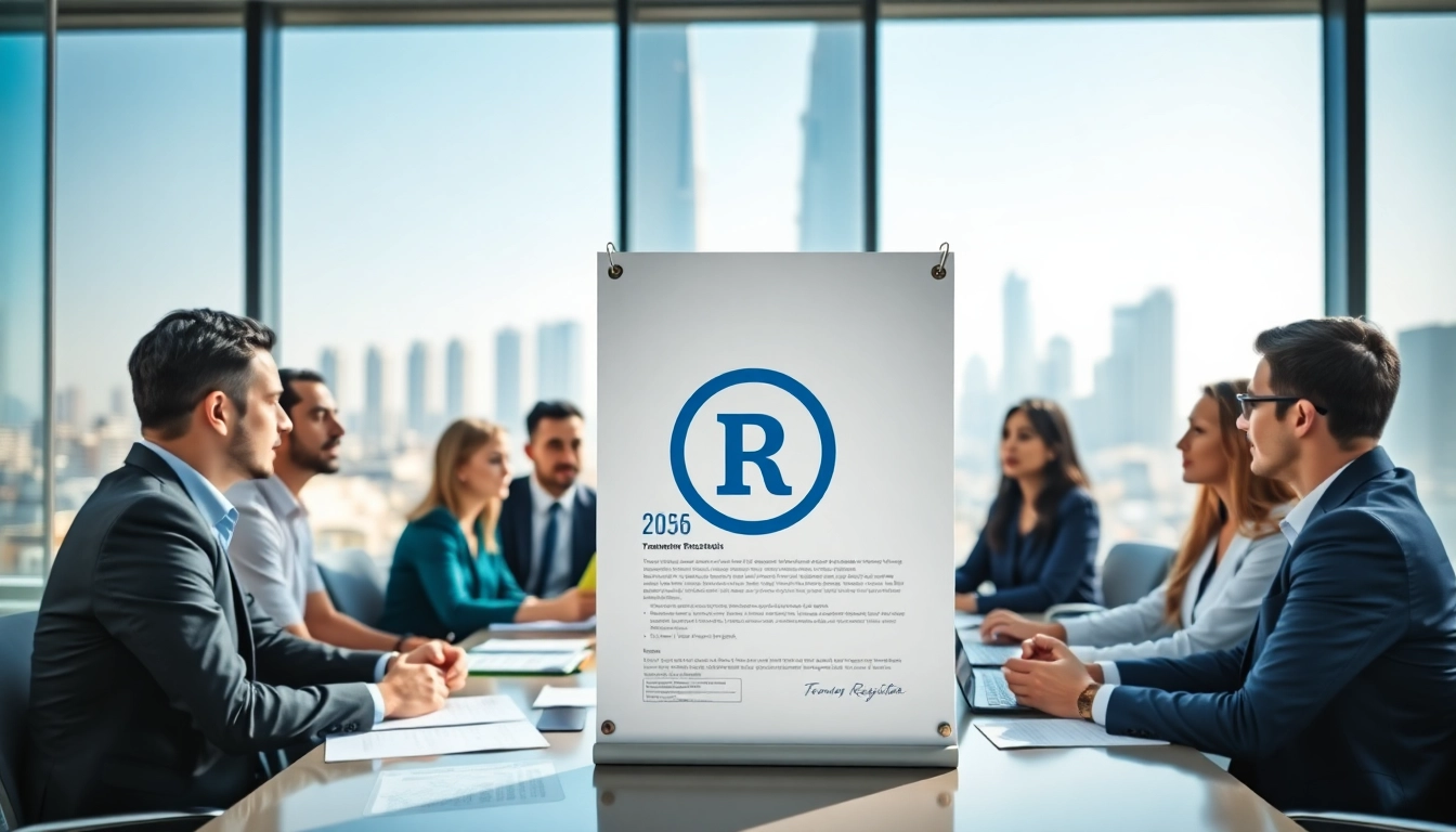 Discussing trademark registration in Dubai with a professional business team in a modern office.