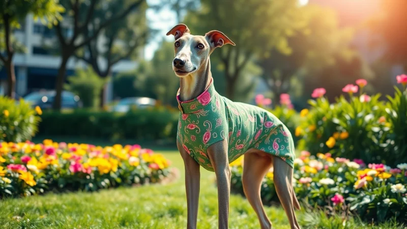 Stylish PIKAPIKA Greyhound Clothes featured on a greyhound in an urban park setting.