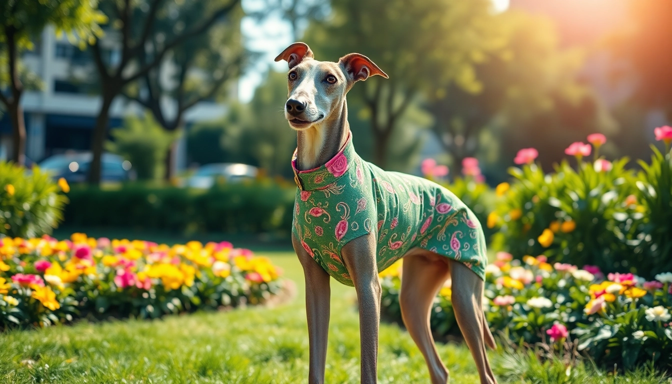 Stylish PIKAPIKA Greyhound Clothes featured on a greyhound in an urban park setting.