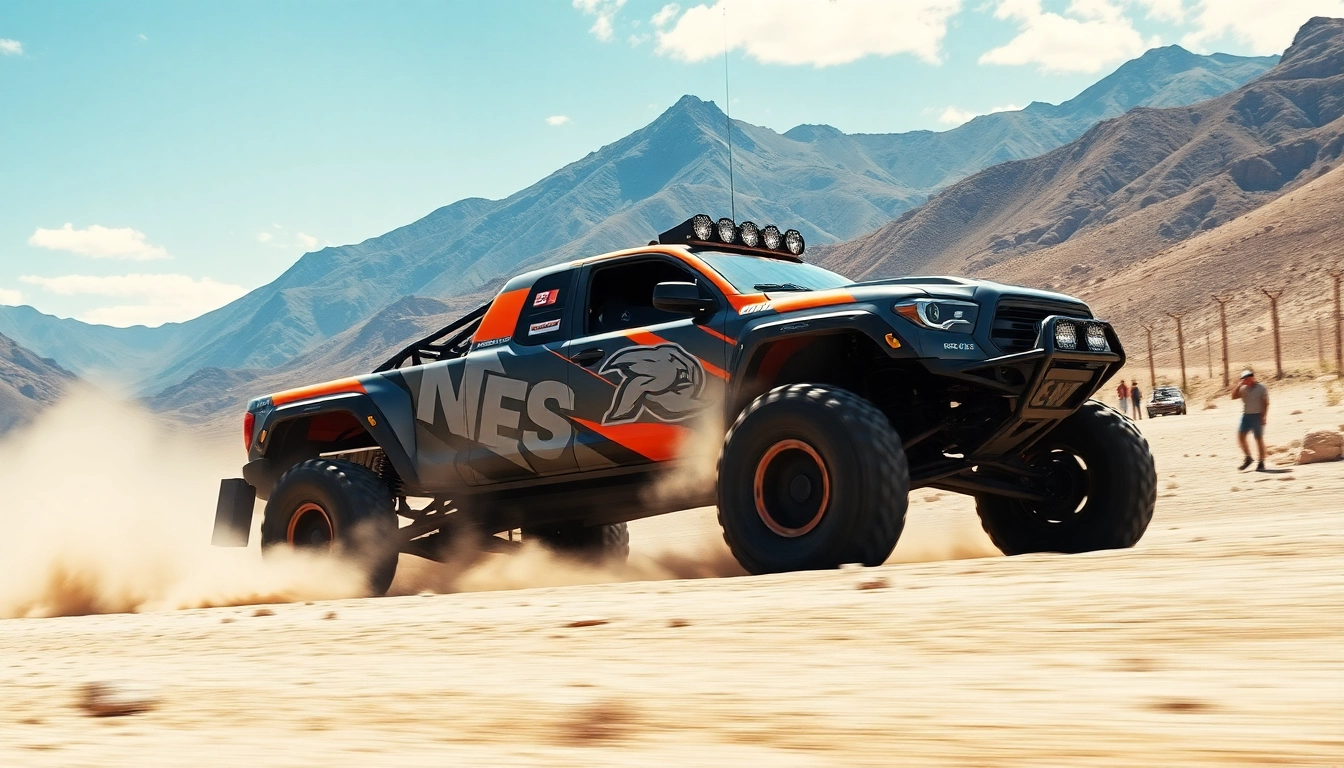 Baja race trophy truck speeding through rugged terrain, capturing exhilarating off-road action.
