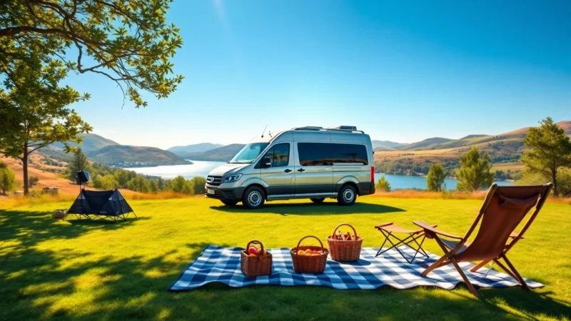 Discover the perfect campervan parked in a breathtaking natural setting featuring green hills and a sparkling lake.
