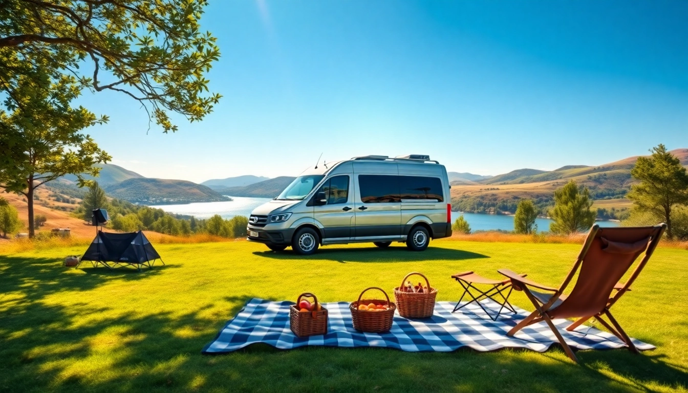 Discover the perfect campervan parked in a breathtaking natural setting featuring green hills and a sparkling lake.