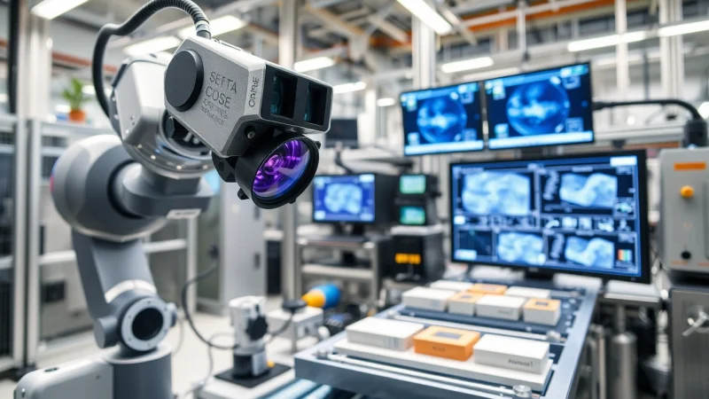 Showcase of machine vision technology used for product inspection in an industrial setting.
