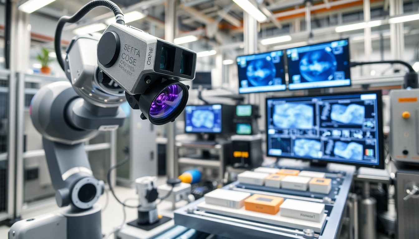 Showcase of machine vision technology used for product inspection in an industrial setting.
