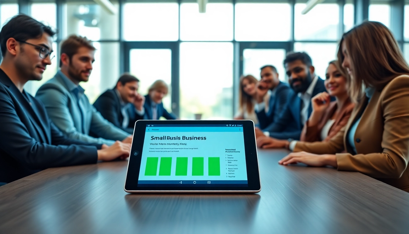 Collaborative discussion on a Small Business Membership Plan with diverse entrepreneurs in a modern office.