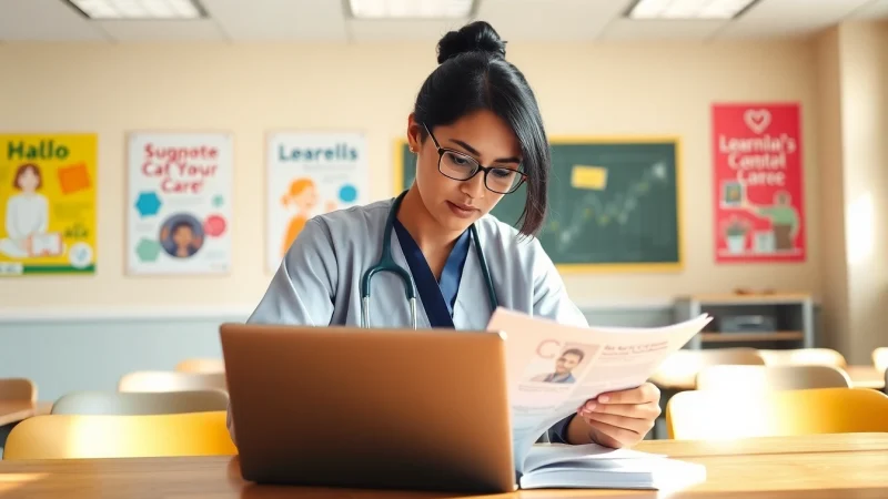 The care certificate answers being studied by a professional healthcare worker in a bright classroom.