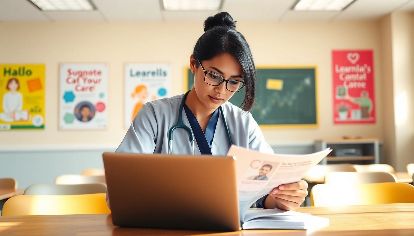 The care certificate answers being studied by a professional healthcare worker in a bright classroom.