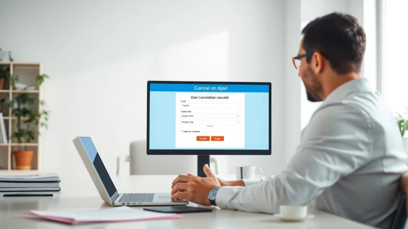 Canceling ejari cancellation​ process on a digital interface in a serene office setting.