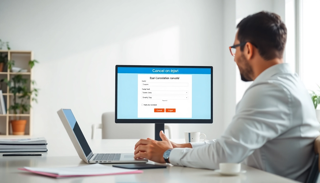 Canceling ejari cancellation​ process on a digital interface in a serene office setting.