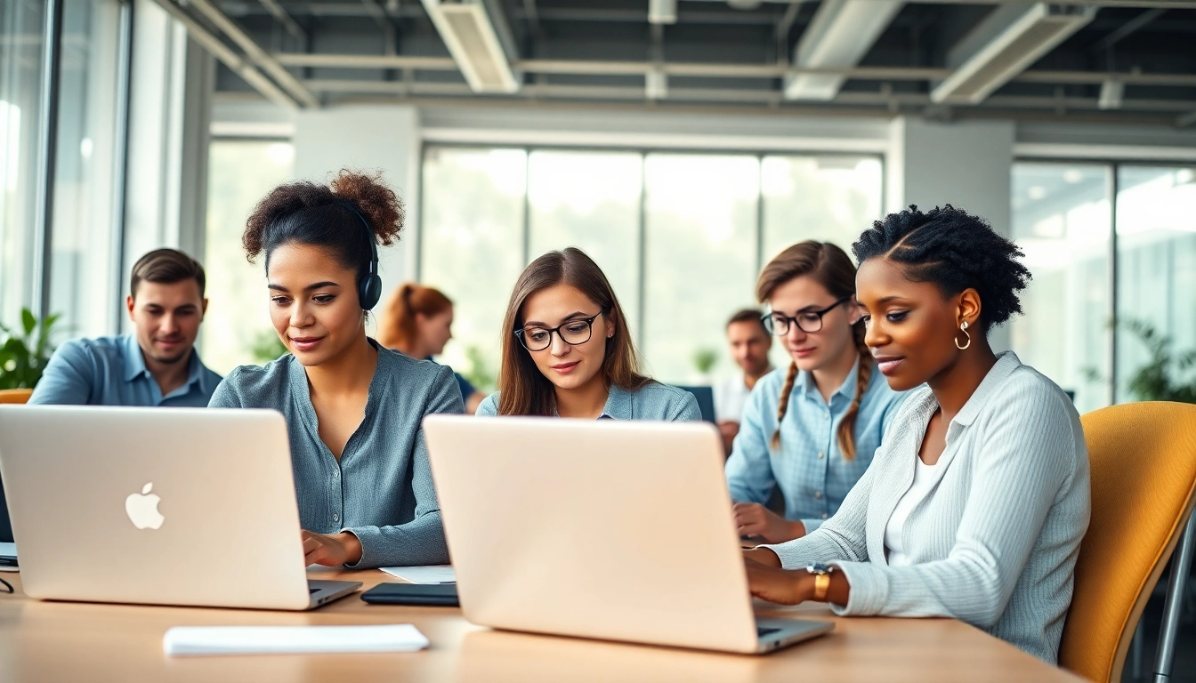 Virtual Assistants collaborating in a modern office environment, highlighting teamwork and productivity.