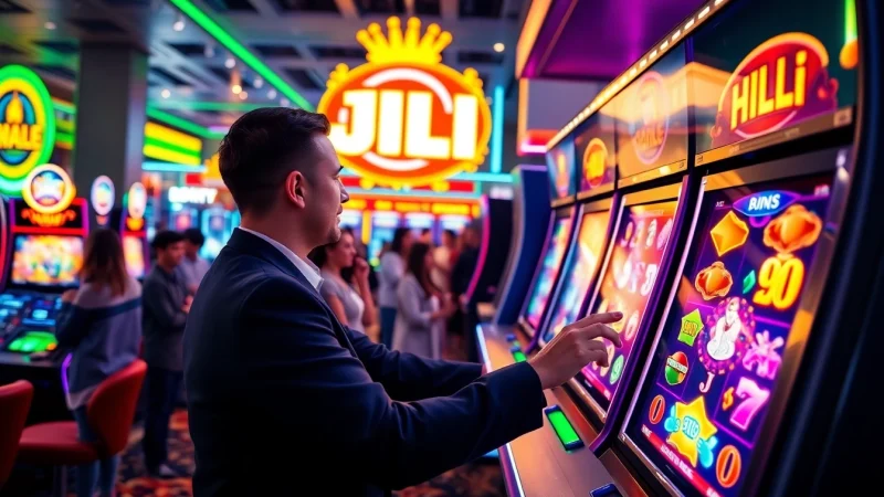 Engaging player at a JILI slot machine with vibrant colors in a lively casino setting.