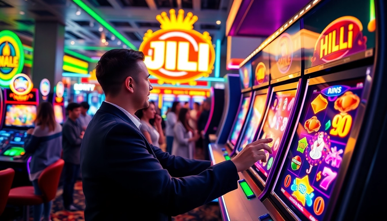 Engaging player at a JILI slot machine with vibrant colors in a lively casino setting.