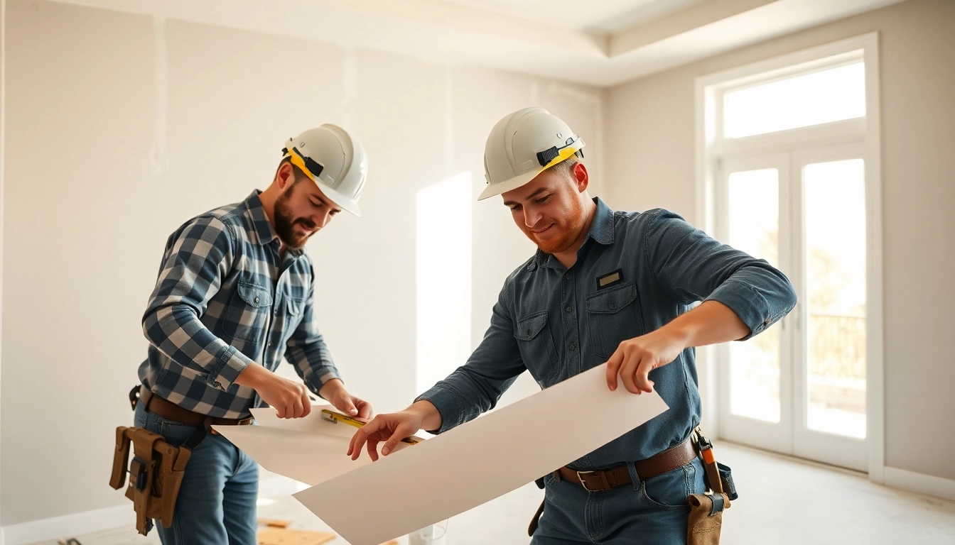 Skilled drywall contractors installing drywall in a modern home, showcasing professionalism and precision.