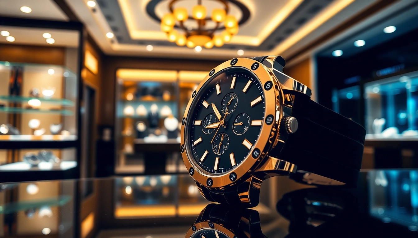 Showcase to sell luxury watch featuring intricate details against a stylish jewelry showroom backdrop.