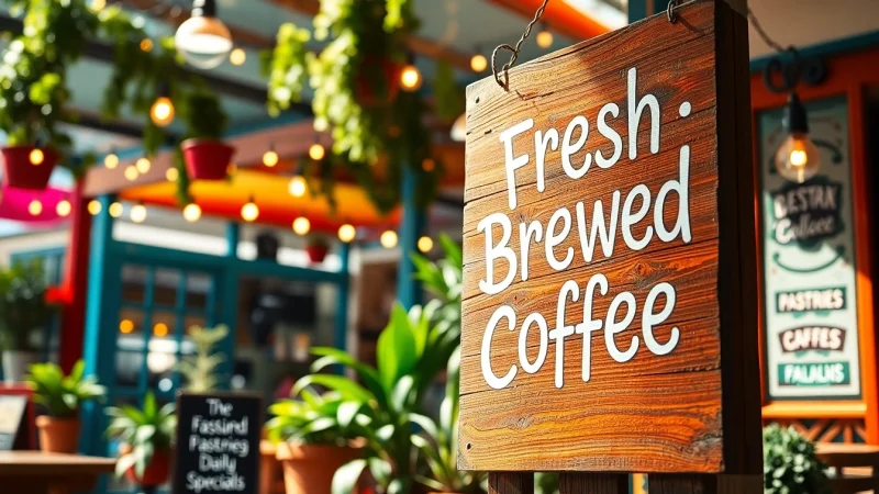 Vibrant signs for cafes decorate a cozy outdoor patio, highlighting menu items and inviting customers.