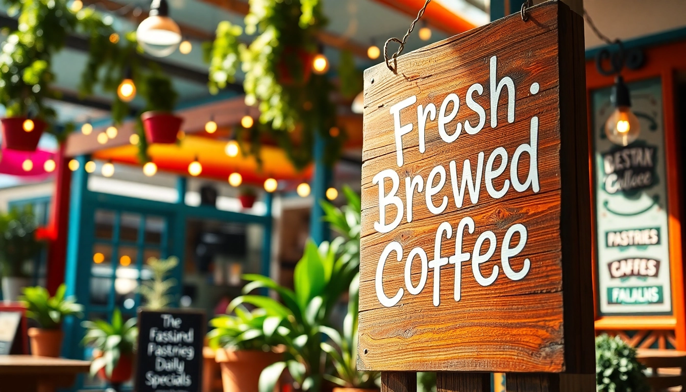 Vibrant signs for cafes decorate a cozy outdoor patio, highlighting menu items and inviting customers.