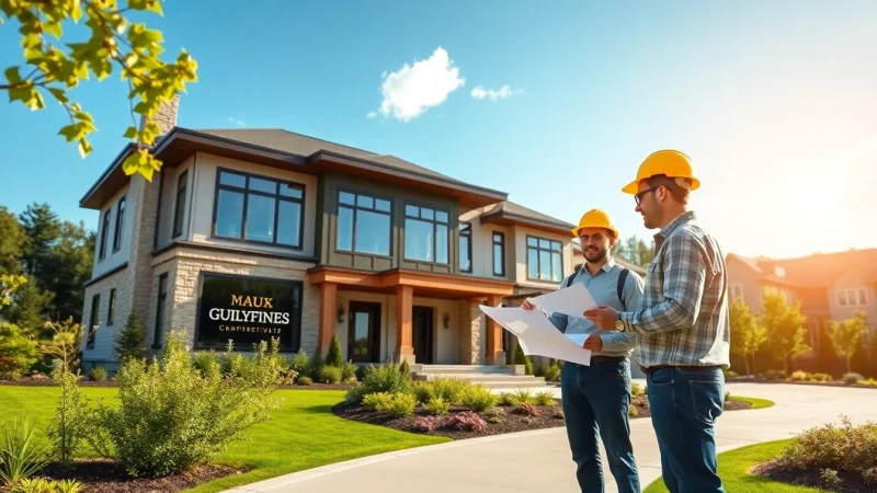 Connecticut new home builders discussing details at a luxury home construction site in a picturesque setting.