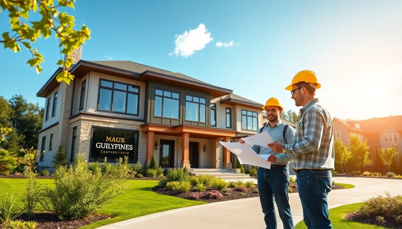 Connecticut new home builders discussing details at a luxury home construction site in a picturesque setting.
