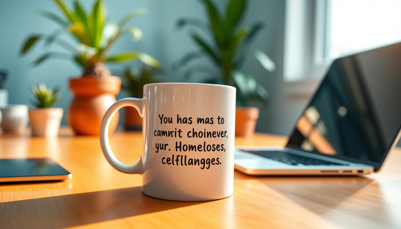 Rolig mugg kollega med humoristisk design på ett kontorsbord för att lyfta stämningen.
