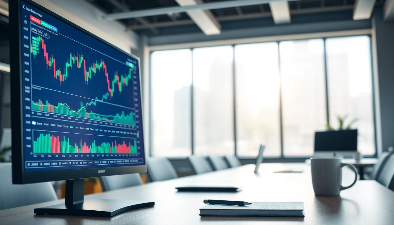 Visualize ai trading software in action, showcasing dynamic charts and a modern office environment.