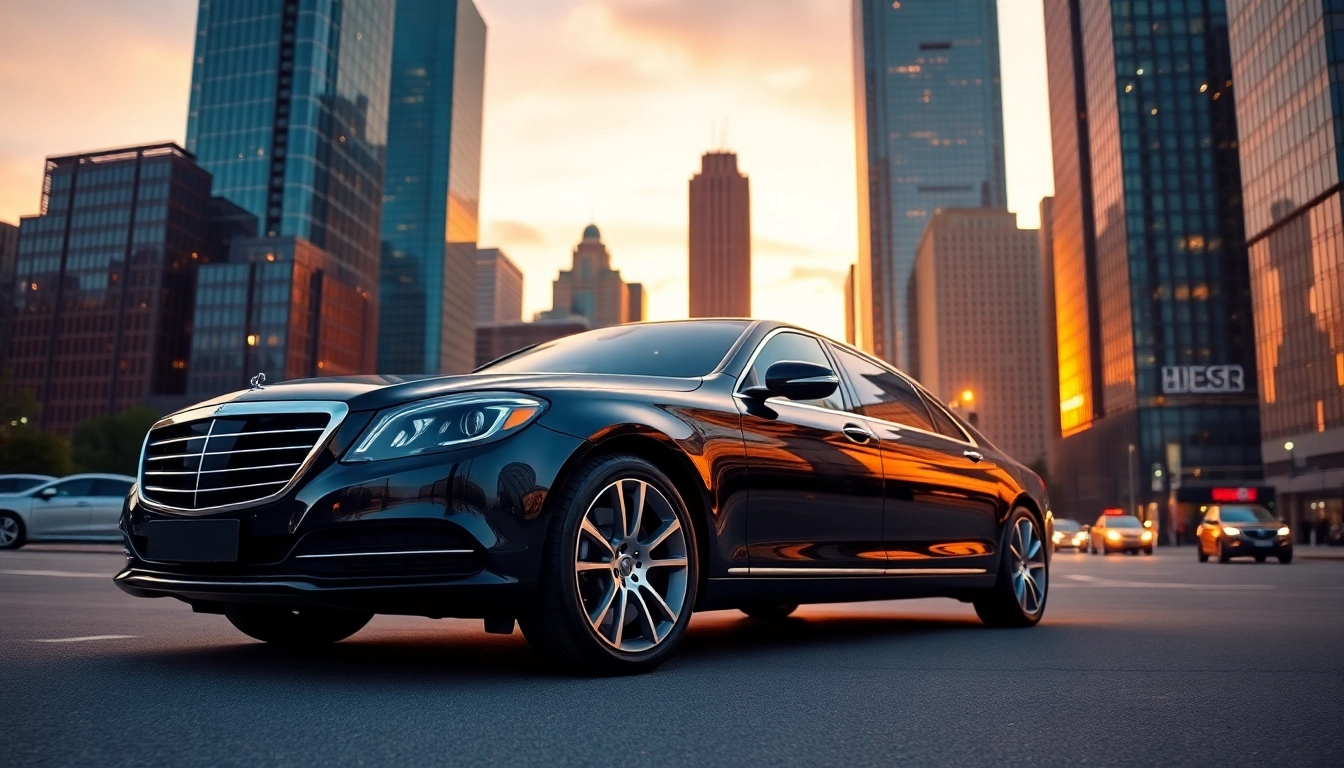 Experience a premium corporate transportation service with a luxurious sedan parked in a vibrant cityscape.