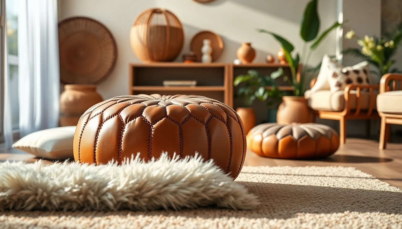 Stylish Moroccan Leather Poufs and Ottomans in a cozy living room setting.