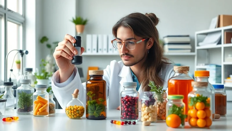 Scientist studying Global Formulas in a modern lab with colorful supplement ingredients.