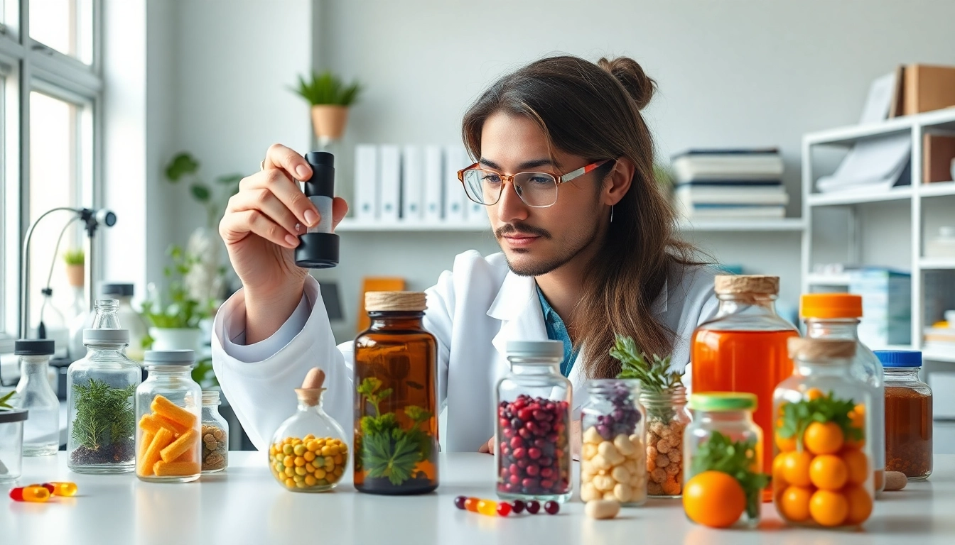 Scientist studying Global Formulas in a modern lab with colorful supplement ingredients.