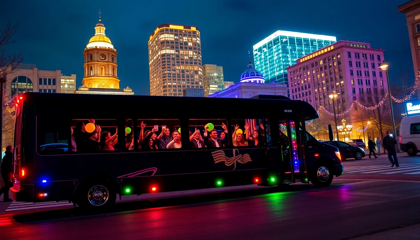 A lively macon party bus with colorful lights, set against the vibrant skyline, ready for festivities.