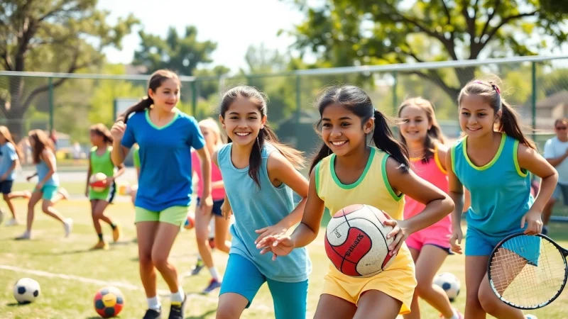 Girls enthusiastically participating in Multi Sports Camps for Girls, showcasing teamwork and joy.