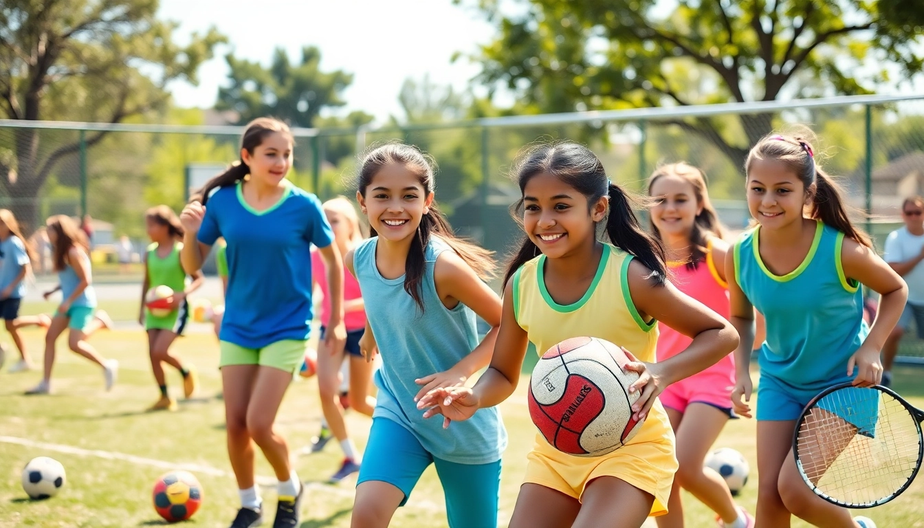 Girls enthusiastically participating in Multi Sports Camps for Girls, showcasing teamwork and joy.