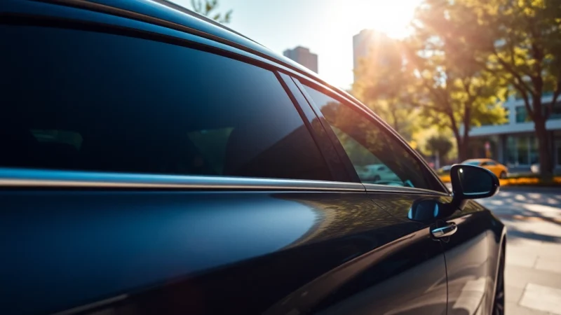 Applying premium car tint to enhance privacy and aesthetics of a sleek vehicle featured in an urban setting.