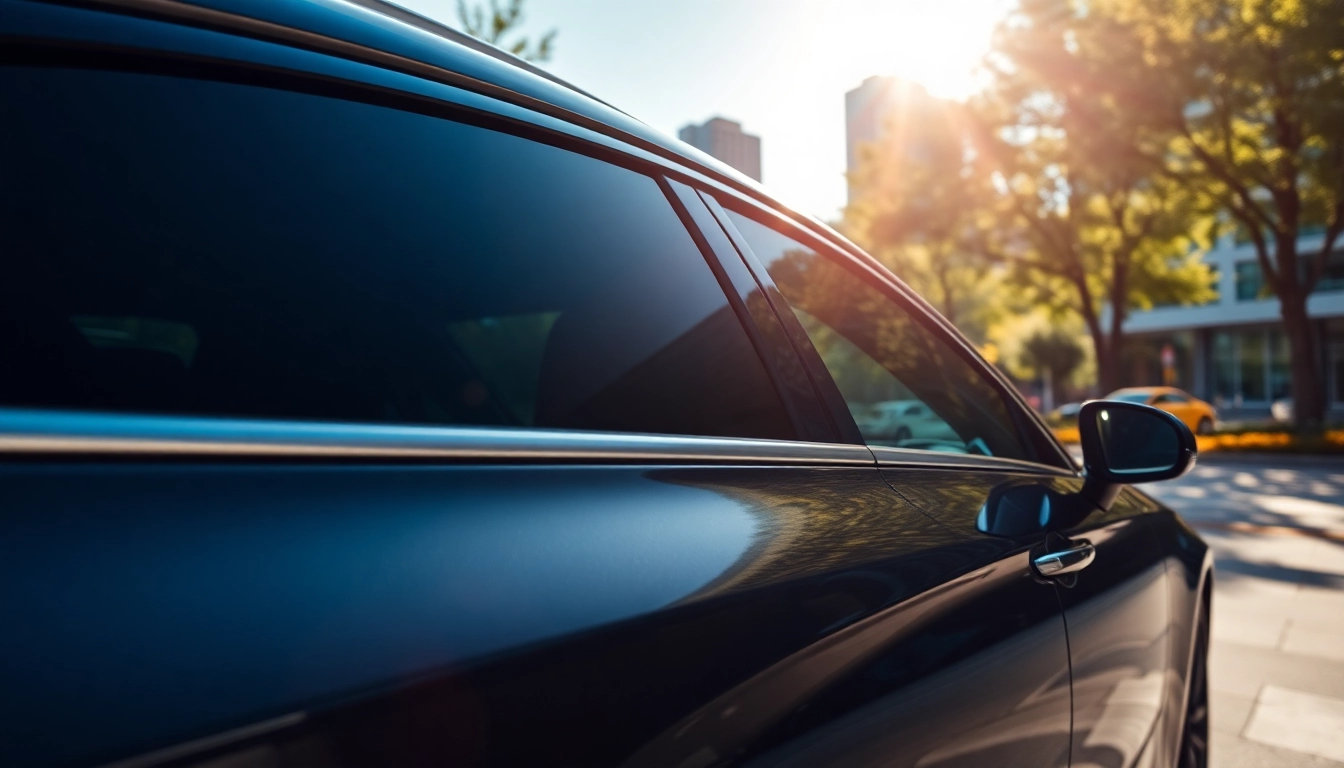 Applying premium car tint to enhance privacy and aesthetics of a sleek vehicle featured in an urban setting.