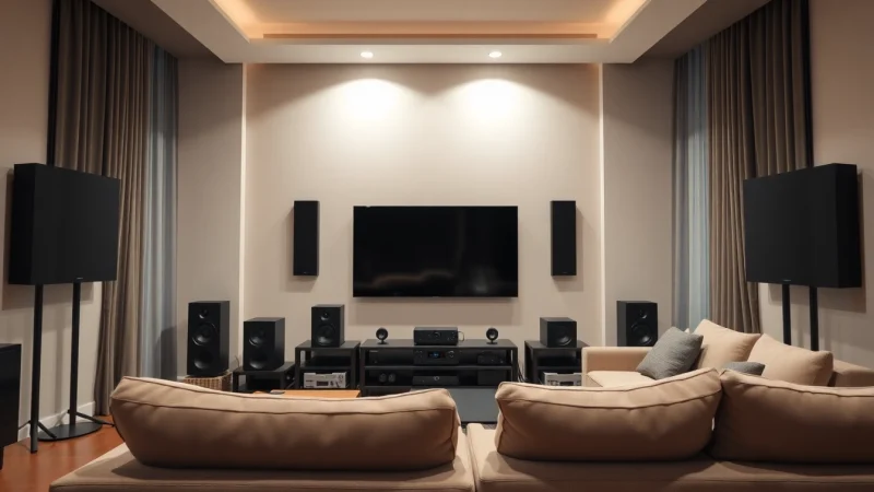 Install a home audio system in a sleek living room with elegant speakers and organized setup for home audio installation near me.