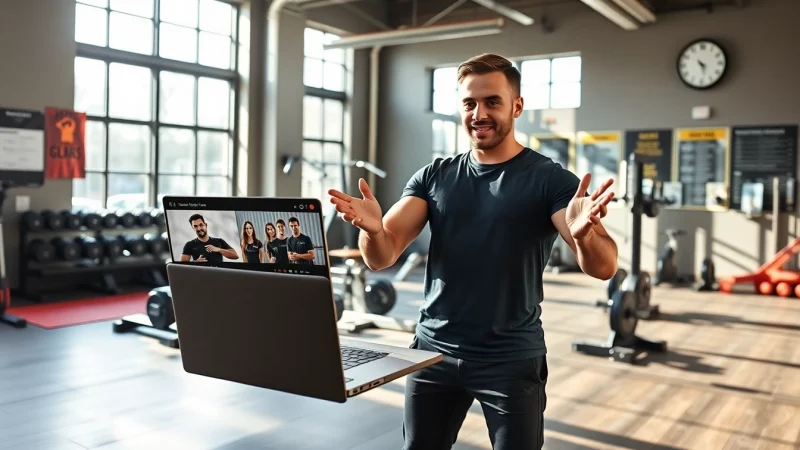 Engaging online gym training session highlighting a professional trainer using digital platforms.