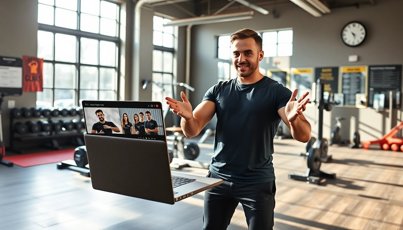 Engaging online gym training session highlighting a professional trainer using digital platforms.