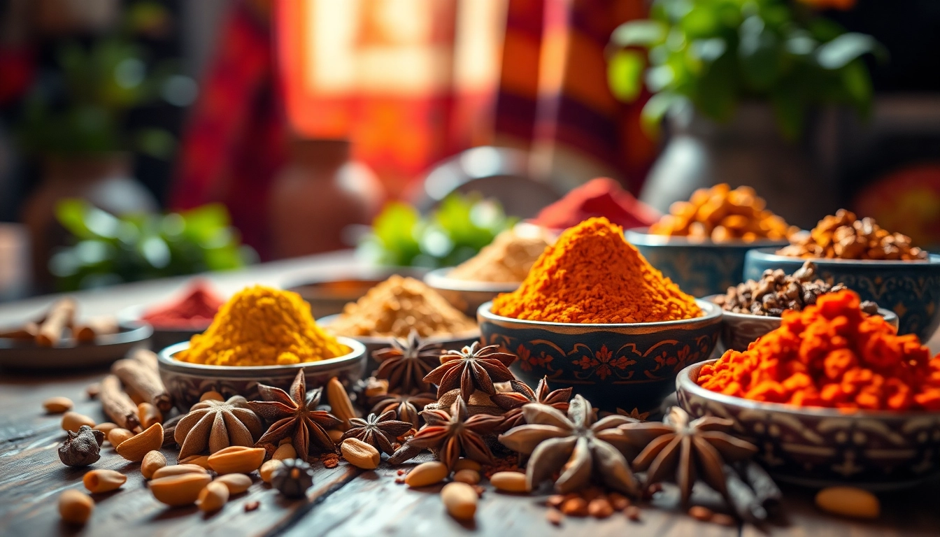 Discover aromatic oriental spices arranged beautifully in vibrant bowls on a rustic table.