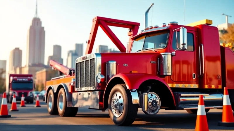 Heavy duty big rig tow truck showcasing strength and reliability in an urban environment.
