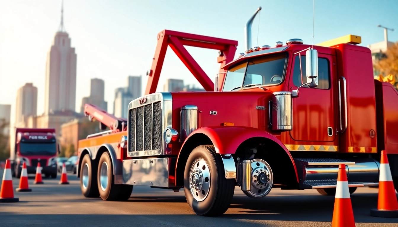 Heavy duty big rig tow truck showcasing strength and reliability in an urban environment.