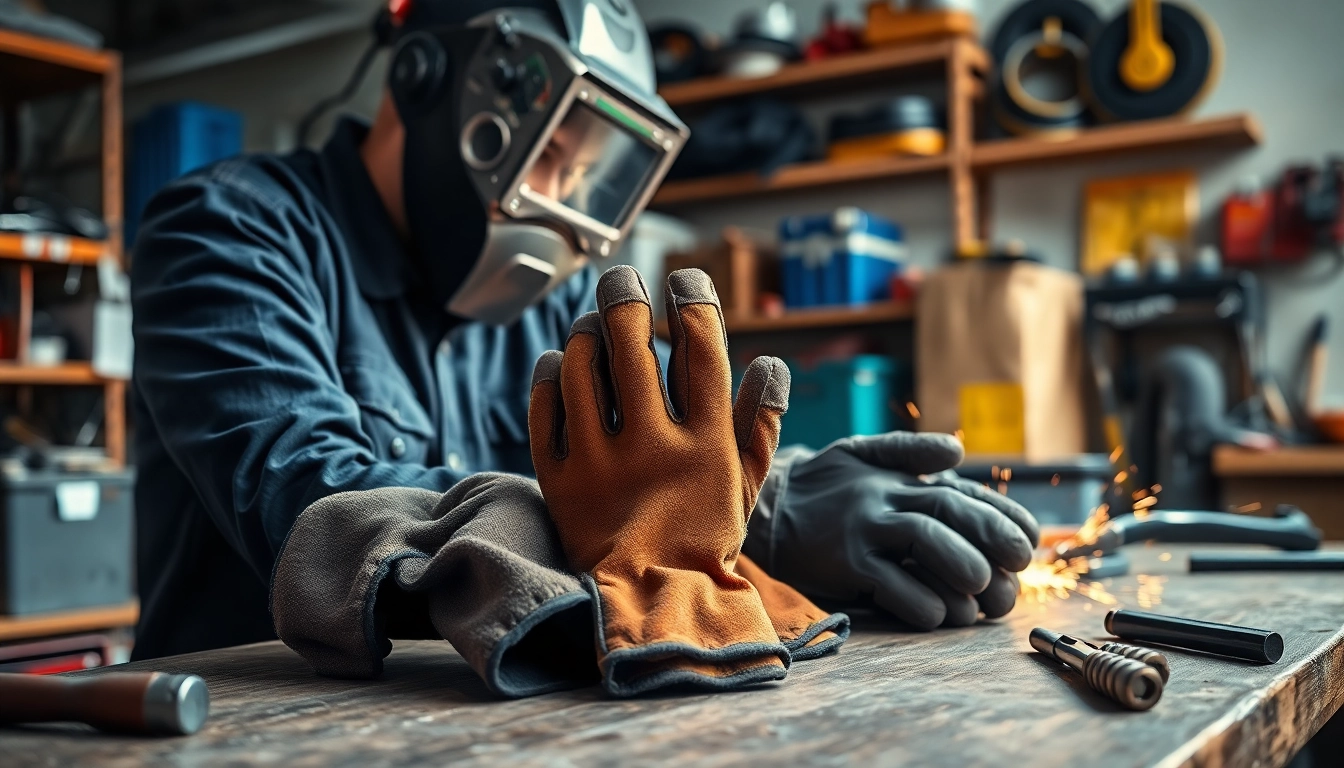 Welder showcasing high-quality welding gloves on a workbench, emphasizing their durability and design.