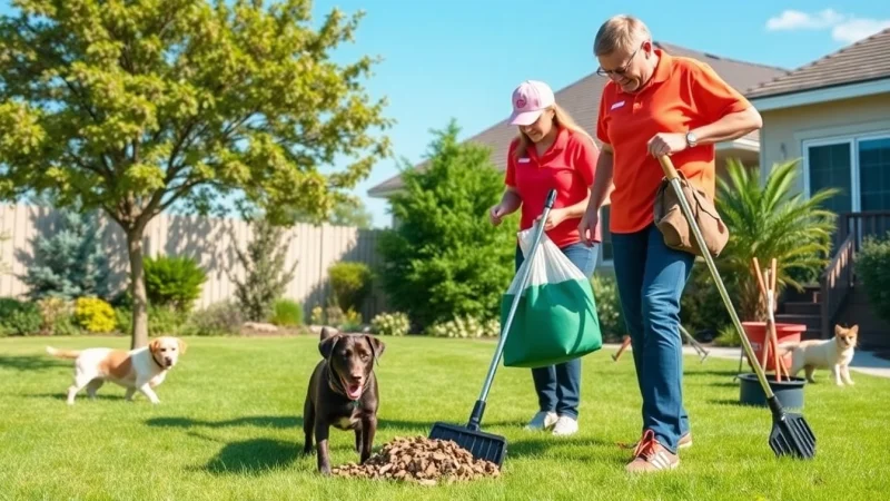 Alamo Ranch poop scooper team diligently cleaning a backyard to ensure a pet-friendly environment.