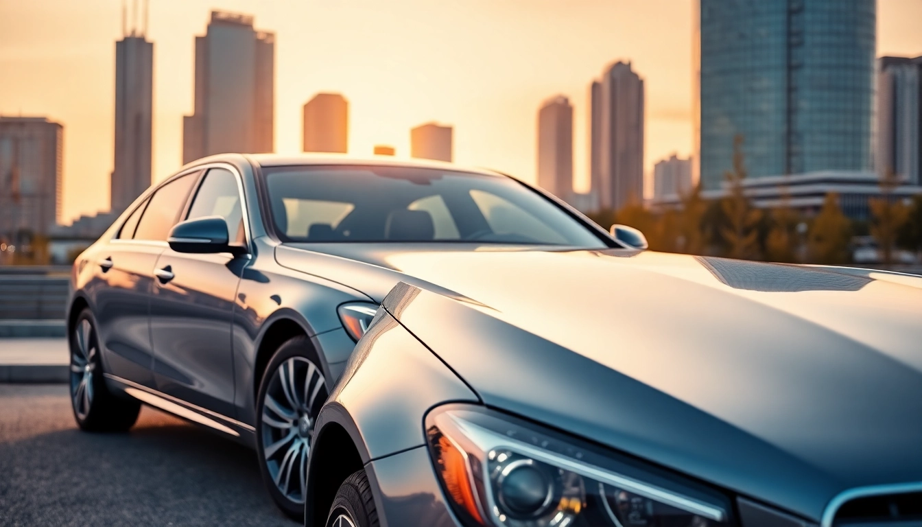 Showcasing premium car rental services with a sleek vehicle against an urban backdrop.