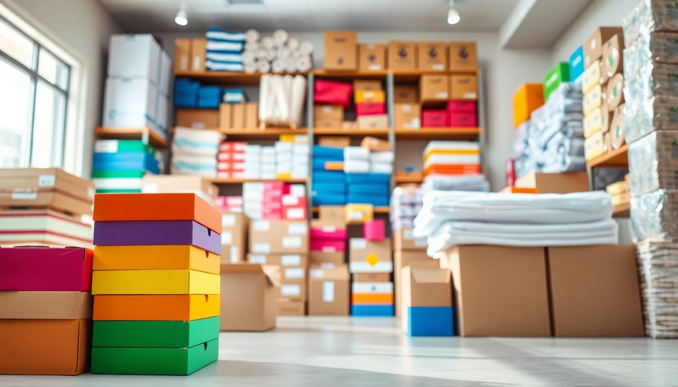 Packing materials display features colorful boxes and supplies in an inviting retail space.