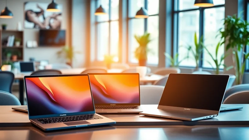 Comparativa de laptops Huawei en un entorno moderno de oficina, destacando sus características únicas.