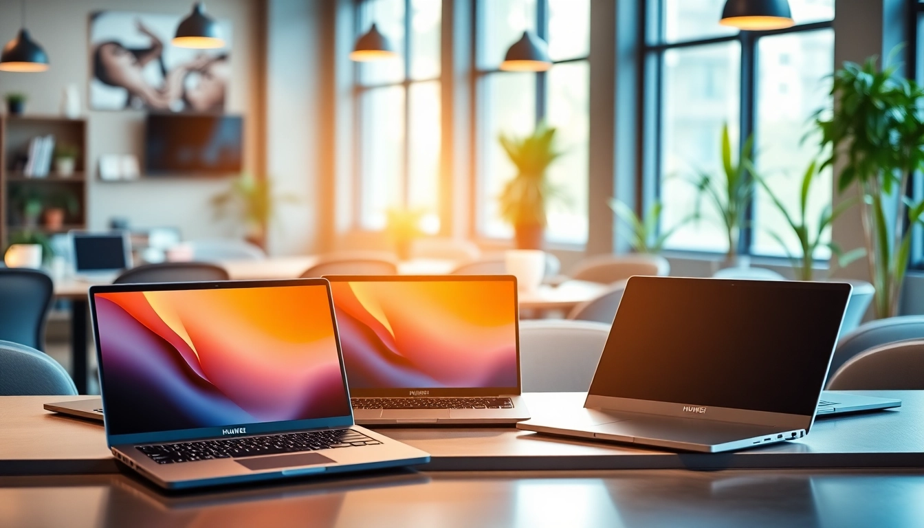 Comparativa de laptops Huawei en un entorno moderno de oficina, destacando sus características únicas.