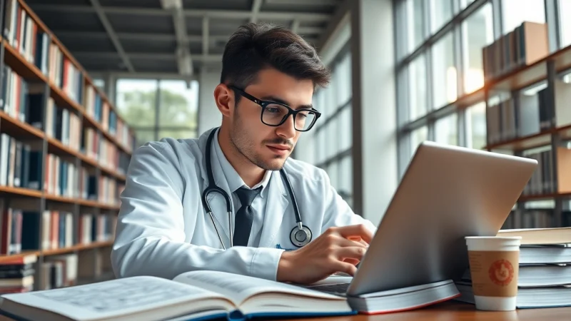 Erlebe das Medizinstudium ohne Aufnahmeprüfung: motivierter Student in einer modernen Bibliothek.