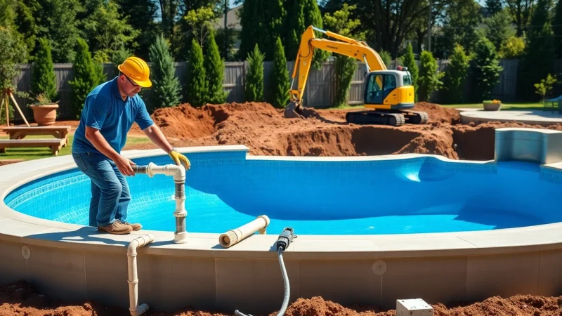 Engaging pool construction image featuring professionals at work installing an inground pool.