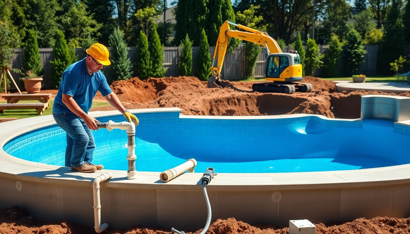 Engaging pool construction image featuring professionals at work installing an inground pool.